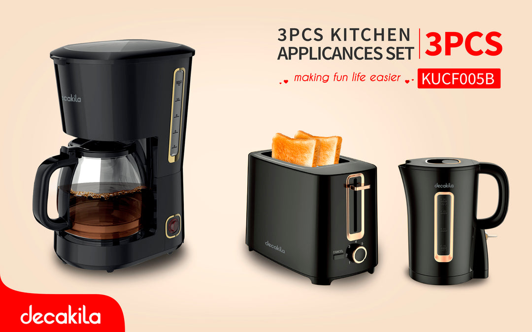 KUCF005B SET DE ELECTRODOMESTICOS PARA COCINA HERVIDOR 1000W 1.7LTS+TOSTADORA 700W+CAFETERA 1.5LTS 750W DECAKILA<