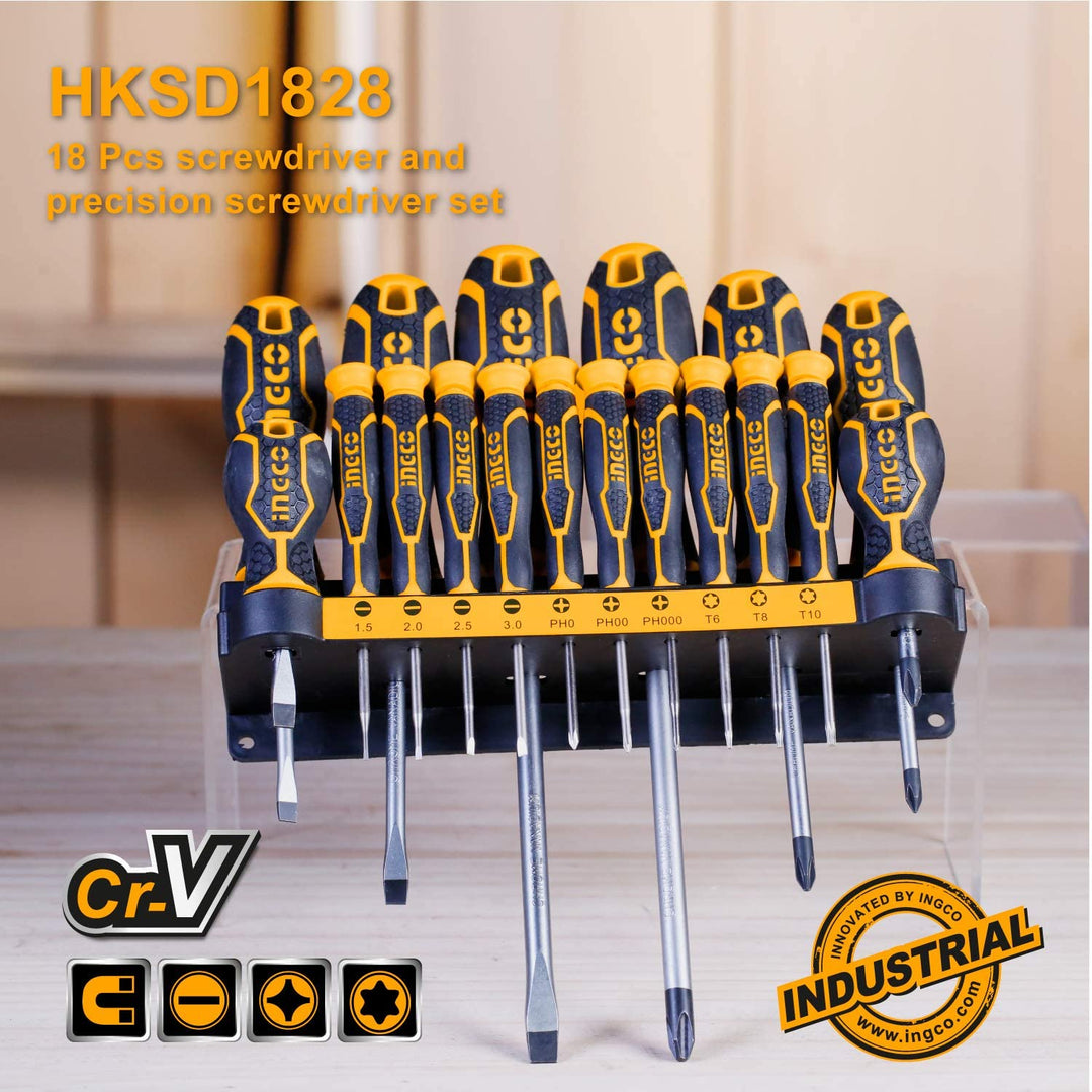 JUEGO DE DESTORNILLADORES PLANO Y ESTRÍAS 18PCS INGCO HKSD1828