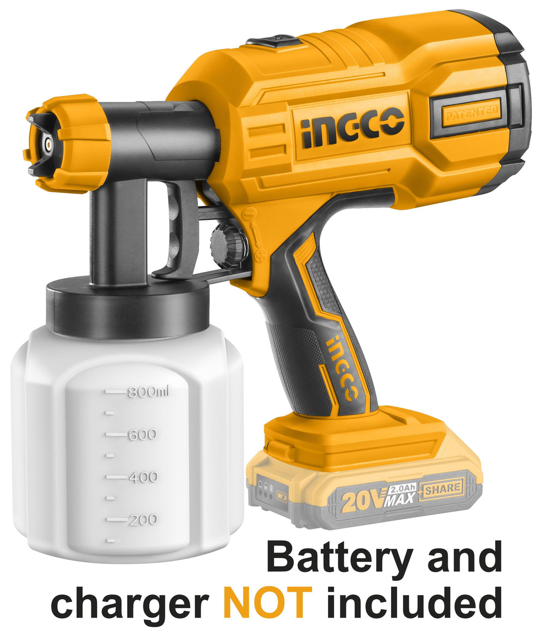 PISTOLA DE PINTAR INALAMBRICA VASO PLASTICO 800ML 20V INGCO CSGLI2001