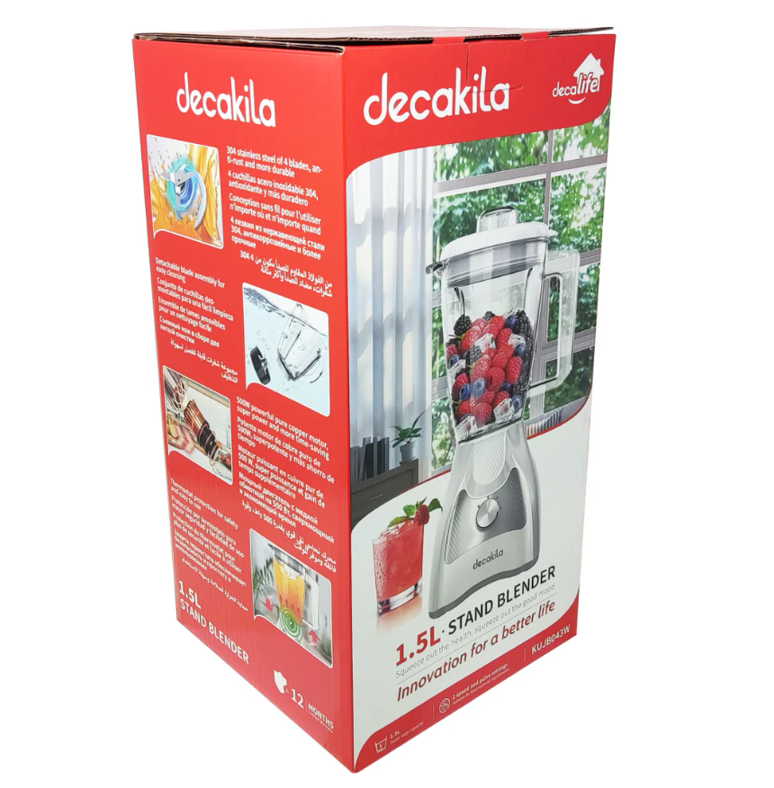 LICUADORA ELECTRICA JARRA DE PLASTICA 1.5LTS 500W 120V 50/60HZ 2VEL. DECAKILA KUJB043B