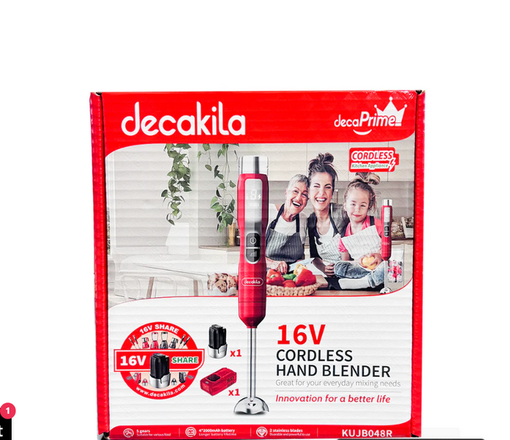 JUEGO DE LICUADORA MANO INALÁMBRICA ROJO/NEGRO DC 16V 100W CON 1BATERIA 2.0AH+1CARGADOR DECAKILA KUJB056R